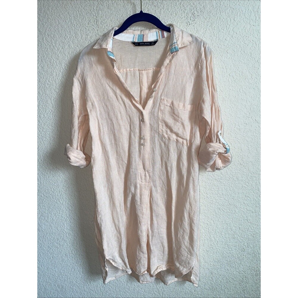 ZARA linen Shirt Dress Long Sleeve Roll Tab Lagen Button Midi Xs Peach Boho